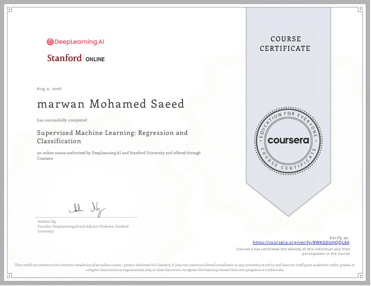 Coursera Supervised Machine Learning certificate