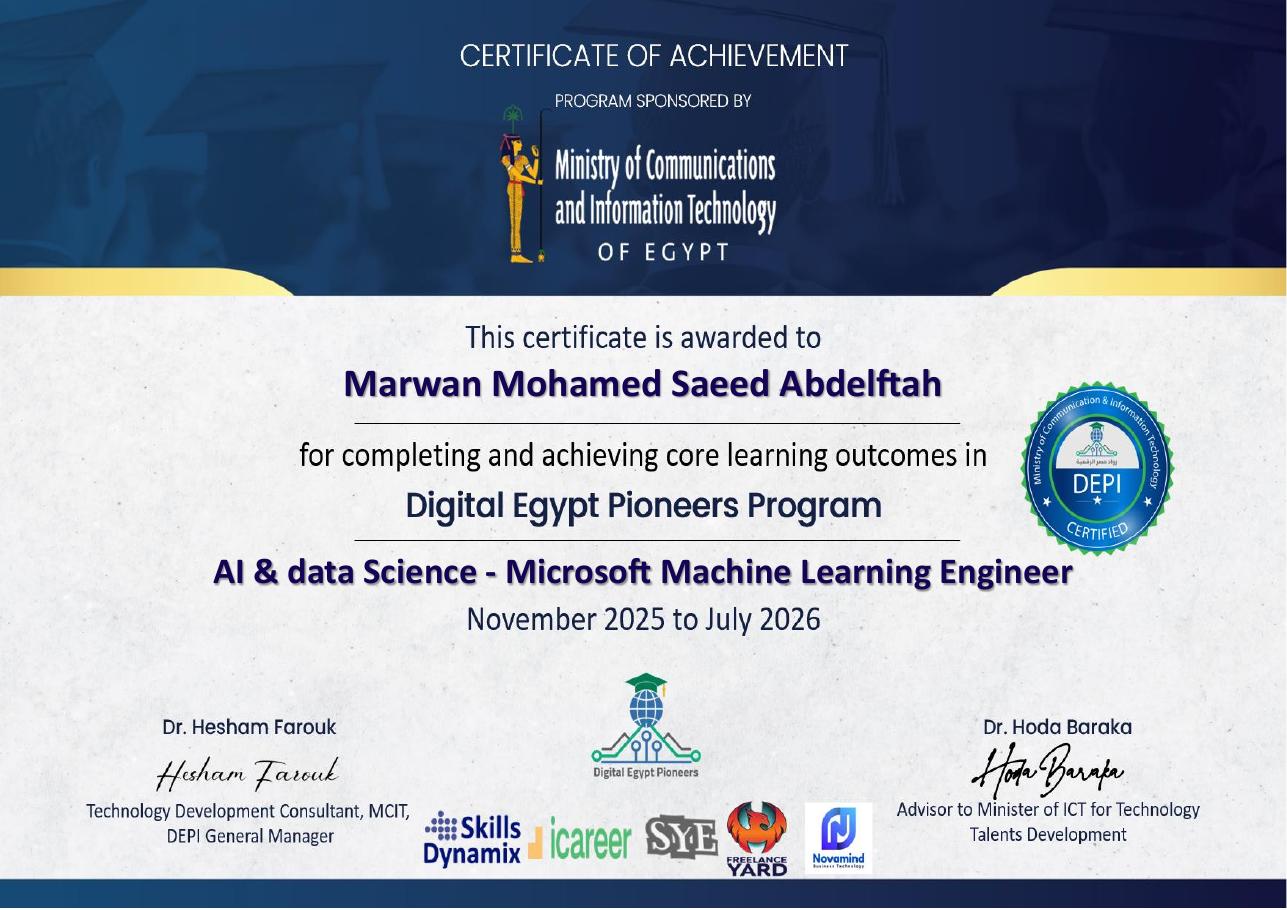 DEPI Microsoft Machine Learning Engineer certificate